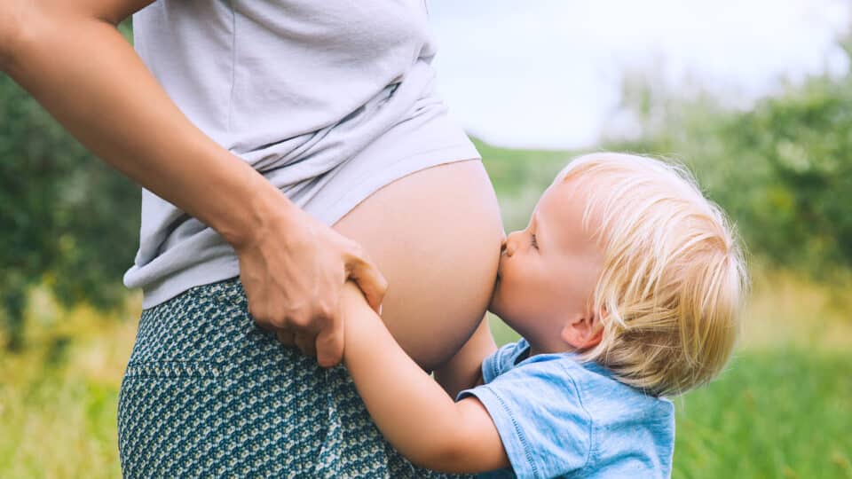 Child Boy Hugging And Kissing Belly Of Pregnant Her Mother Against Green Nature Background.